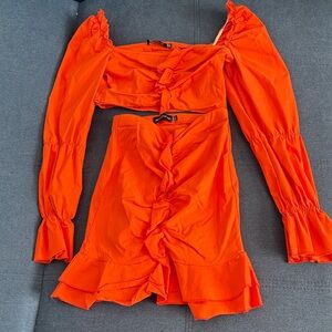 PrettyLittleThing Bright Orange Ruffle Mini Skirt Set